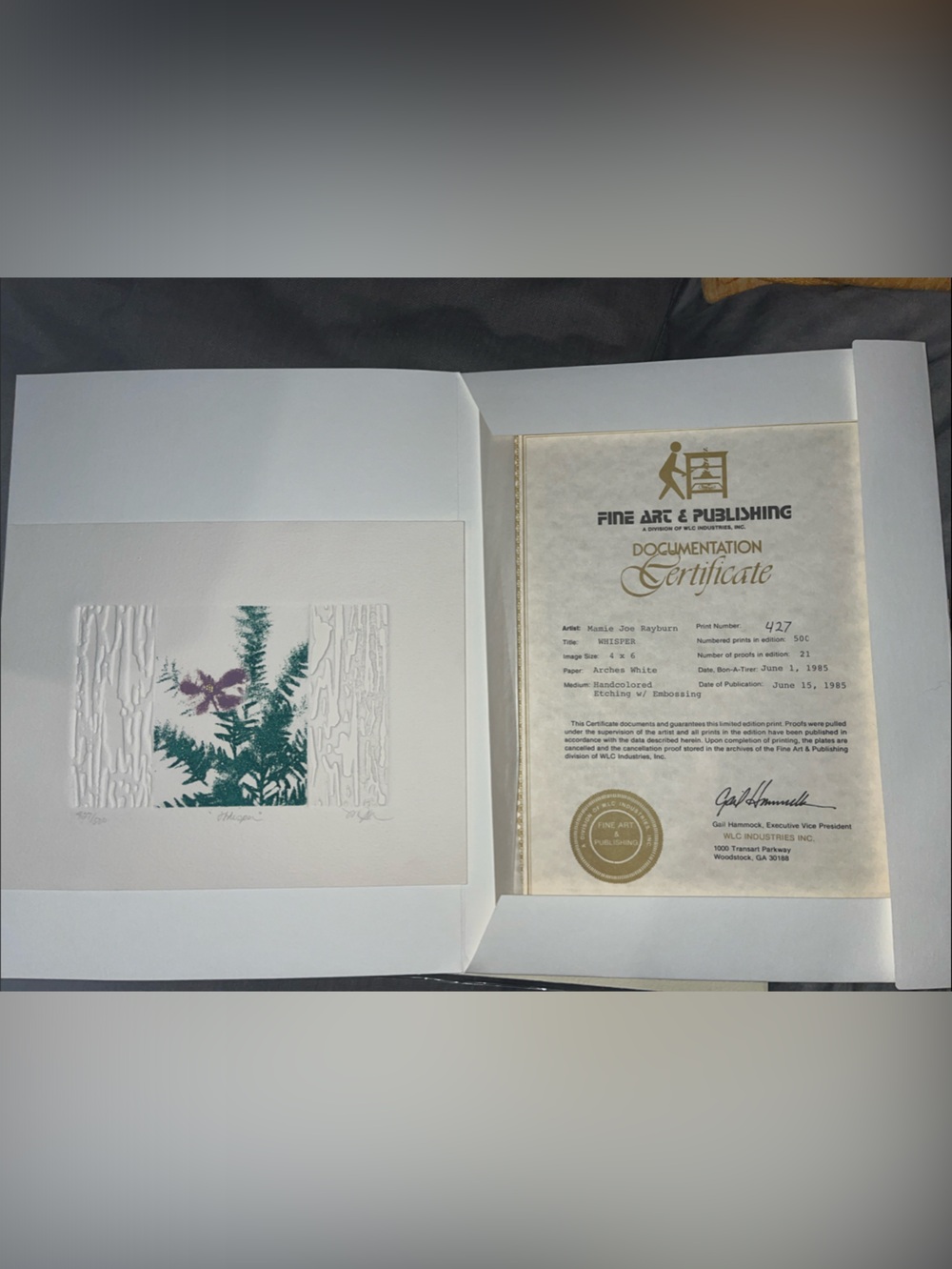 Hand colored WHISPER Etching by Rayburn w/Documentation Certificate